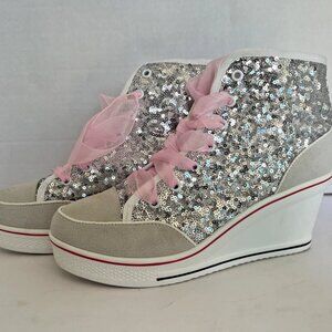 High Top Wedge Silver Glitter Sneakers Women’s Size 10 Eur 41